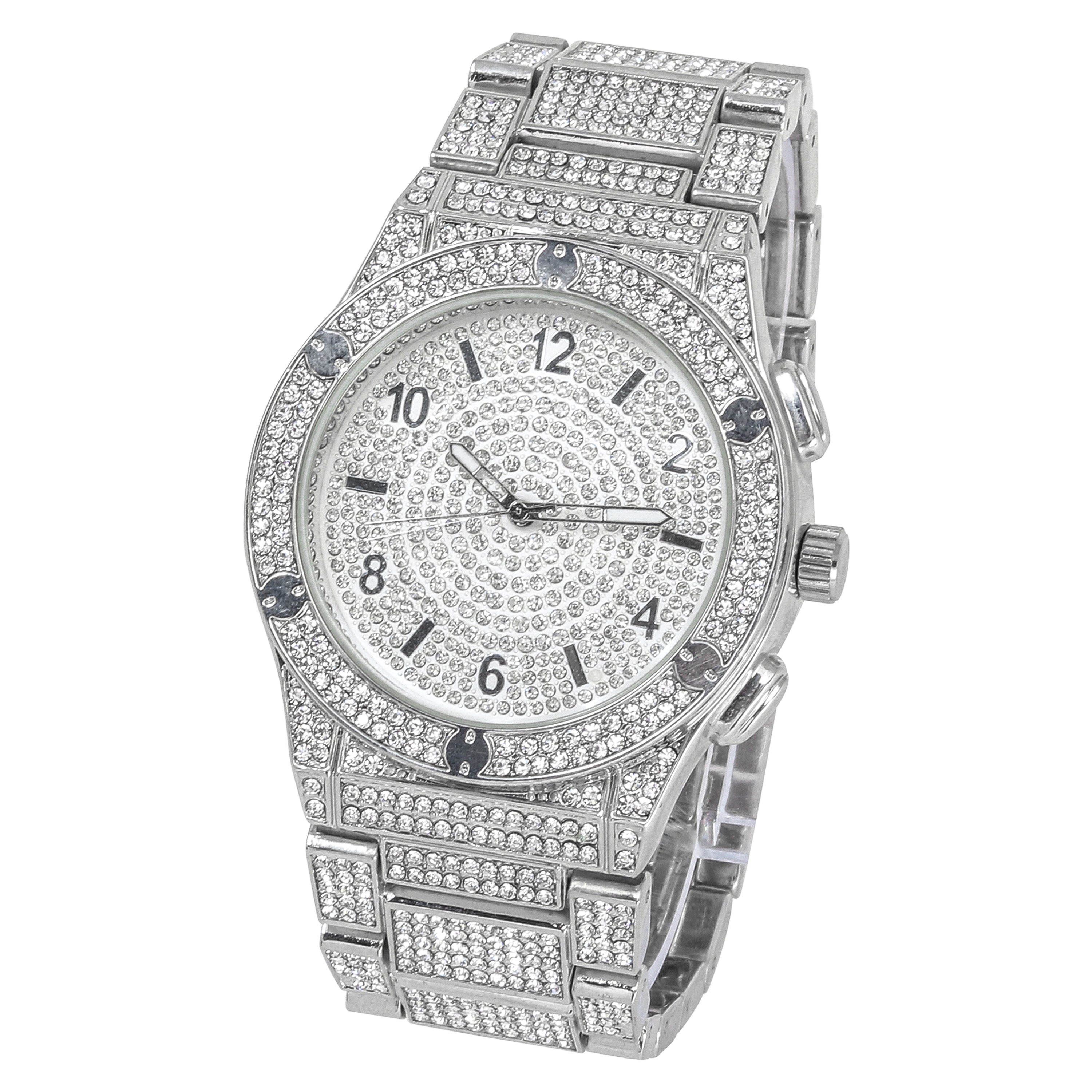Men's Round Iced Out Watch 42mm Silver - "Fully Iced Band"