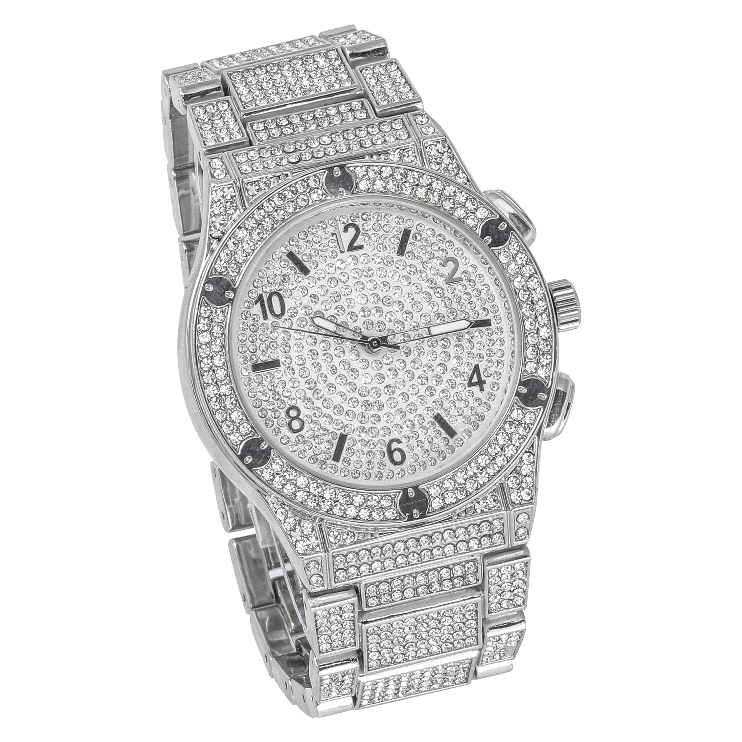 Men's Round Iced Out Watch 42mm Silver - "Fully Iced Band"
