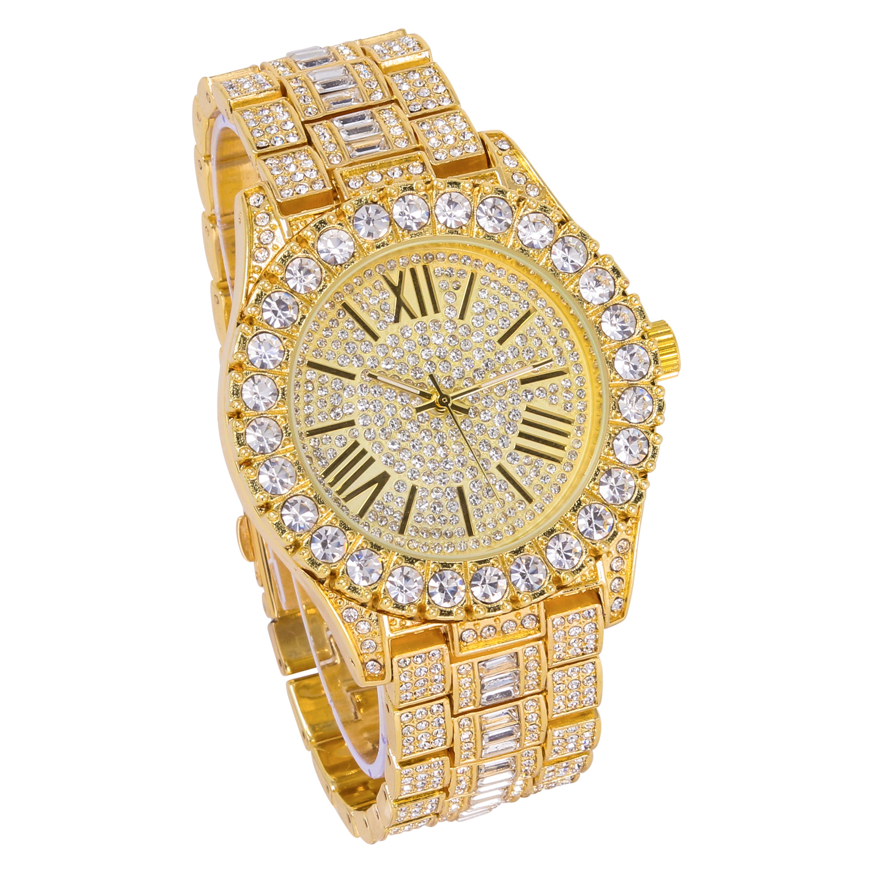 Men's Round Roman Dial Watch 43mm Gold - "Fully Iced Band"