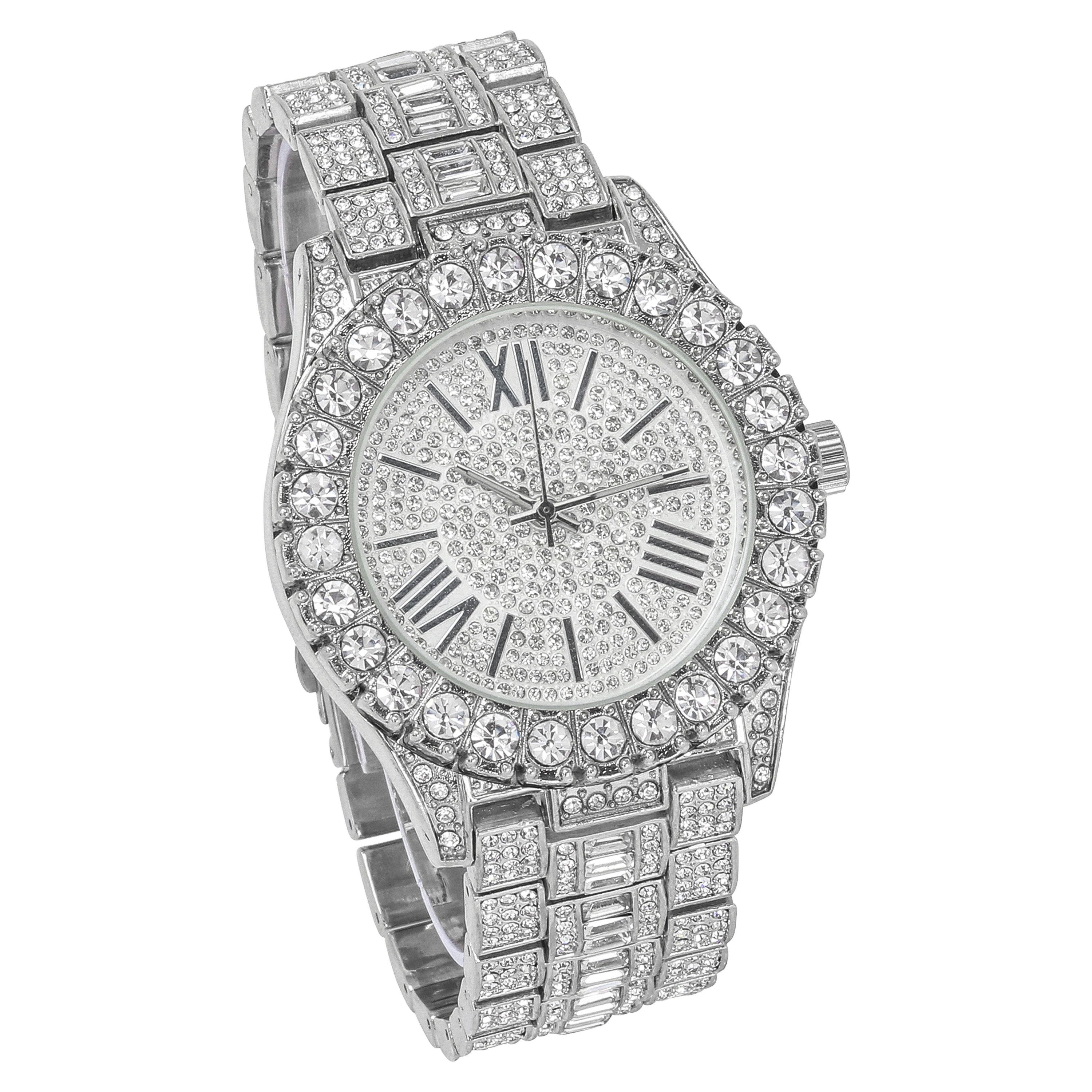 Men's Round Roman Dial Watch 43mm Silver - "Fully Iced Band"