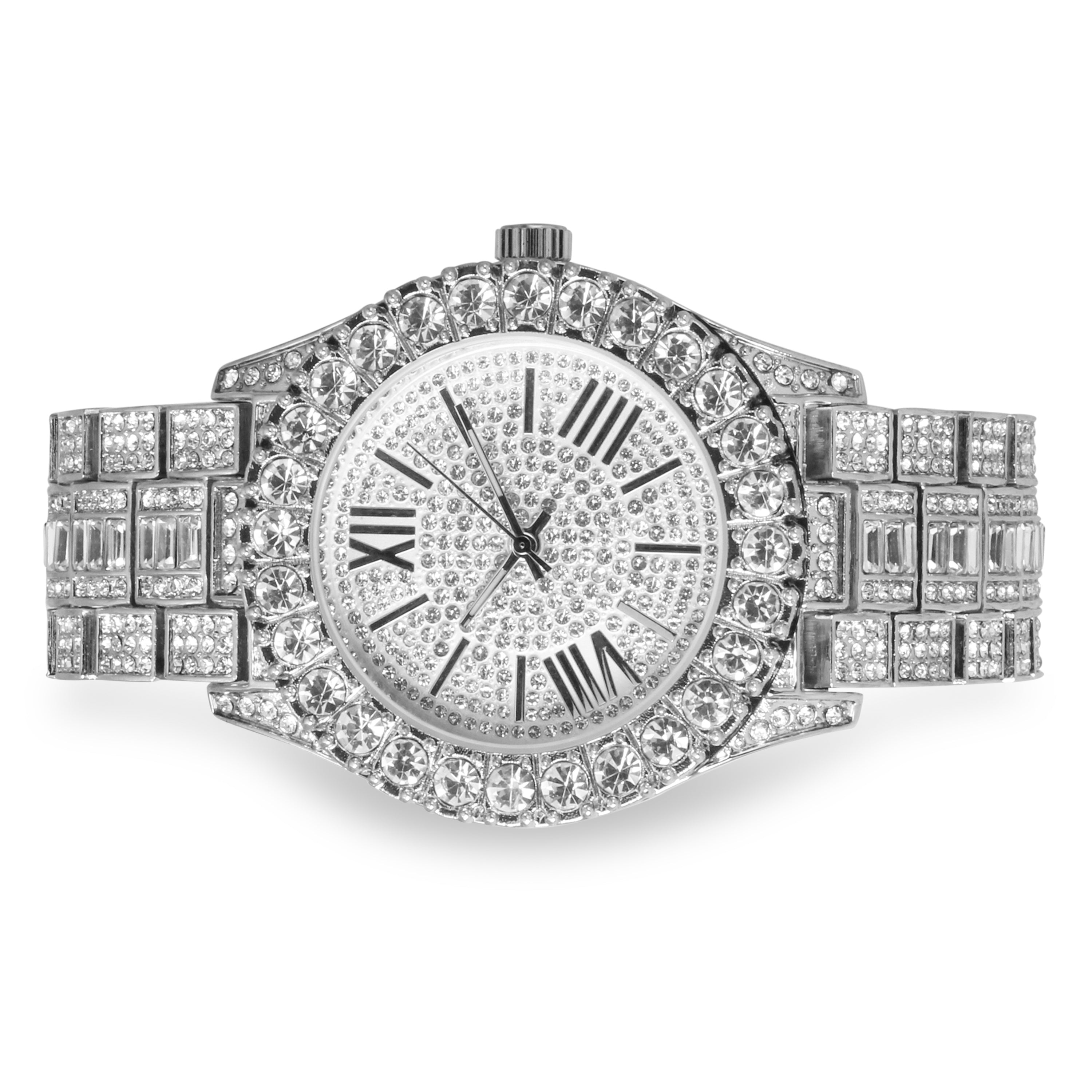 Men's Round Roman Dial Watch 43mm Silver - "Fully Iced Band"
