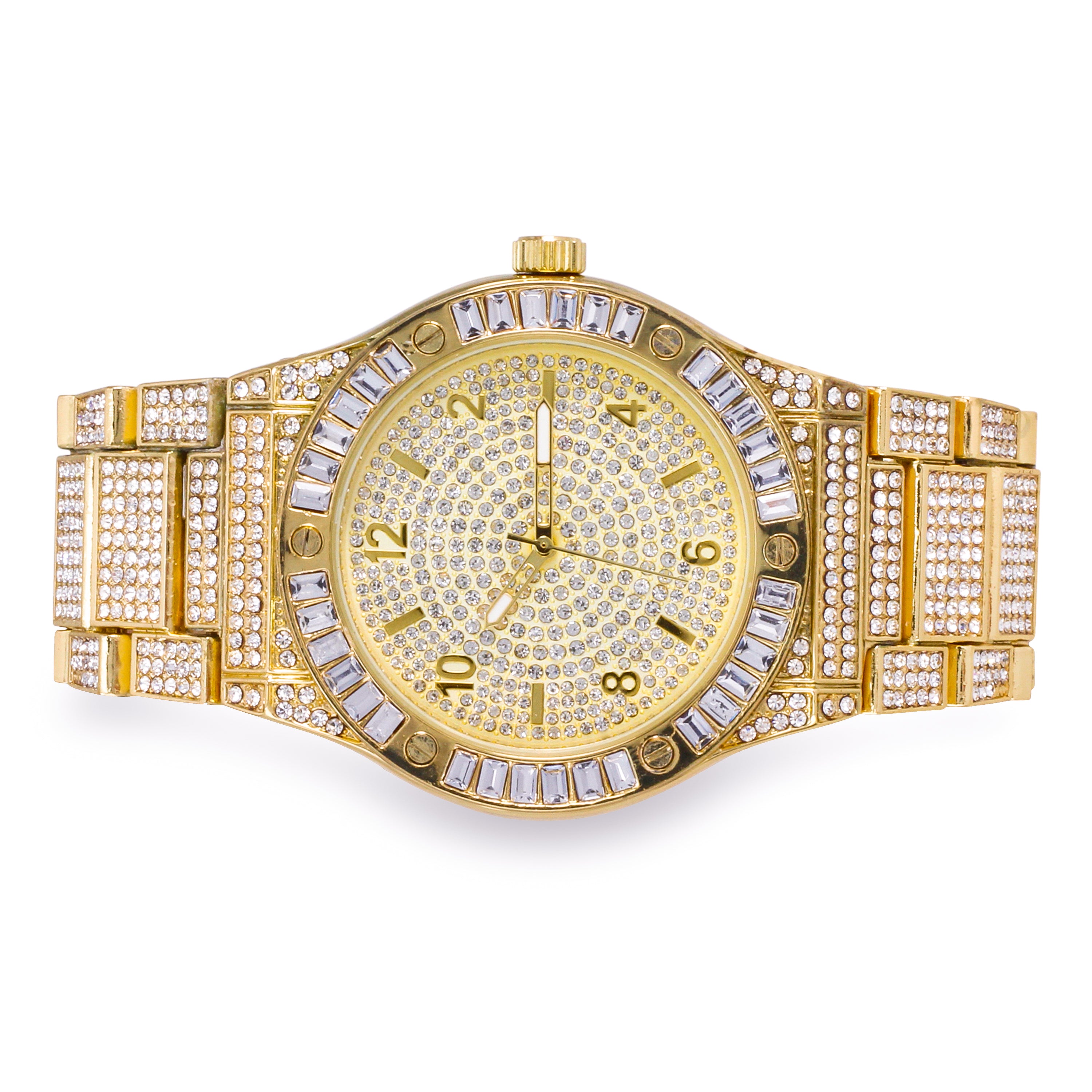 Men's Round Iced Out Watch 42mm Gold - "Fully Iced Band"